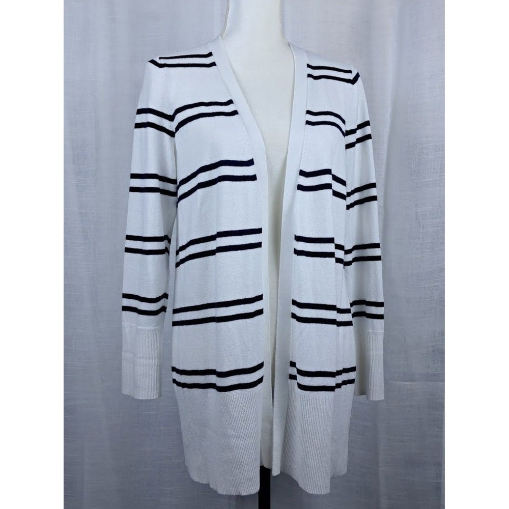 Talbots SP White Navy Blue Striped Open Front Longline Cotton Cardigan Sweater